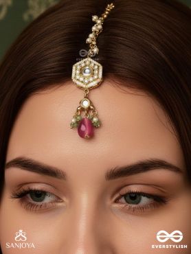 TAPANSHRI – BRIGHT RAY – GOLD CUTWORK MOTIF WITH REFLECTIVE STONES AND PINK BEAD MAANGTIKA