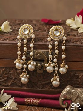 MUKTAVALLI – STRING OF PEARLS – KUNDAN EARRINGS WITH MULTI PEARL CHAINS AND DROPS