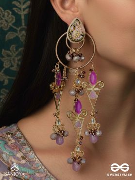RANGVILASA – CASCADE OF JEWELS – ORNATE KUNDAN EARRINGS WITH PURPLE STONES, PEARL BEADS AND DECORATIVE FRAMES