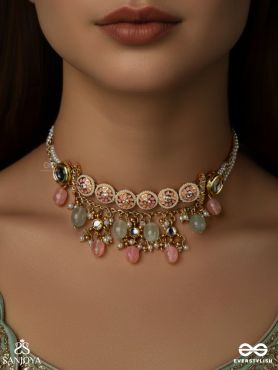 PANKHURI – DELICATE PETALS – KUNDAN CHOKER NECKLACE WITH PINK AND MINT DROP DETAILS