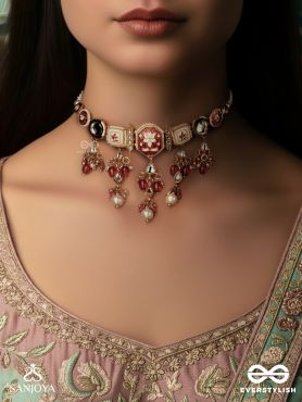 SINDURIMA – SACRED CRIMSON BEAUTY – TRADITIONAL KUNDAN CHOKER NECKLACE WITH RED ACCENTS AND PEARL HANGINGS