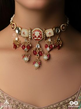 SINDURIMA – SACRED CRIMSON BEAUTY – TRADITIONAL KUNDAN CHOKER NECKLACE WITH RED ACCENTS AND PEARL HANGINGS