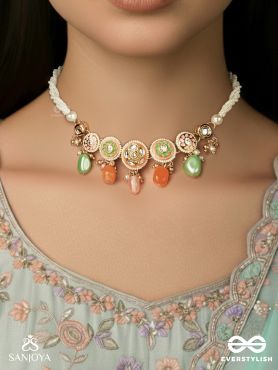 VARNAKANTI – RADIANT COLOURS – GOLD KUNDAN CHOKER NECKLACE WITH MULTI-TONED STONE DROPS