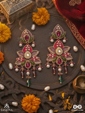KANAKPUSHPA – GOLDEN BLOOM – GRAND FLORAL EARRINGS WITH RUBY PETALS AND GEMMED DANGLERS