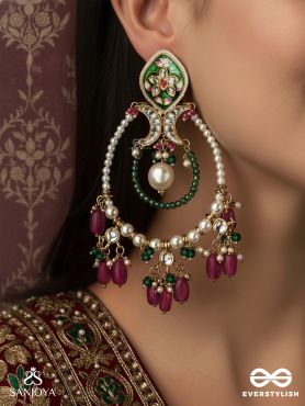 ALANKRITA – ORNAMENTAL DETAIL – ORNATE KUNDAN HOOP EARRINGS WITH FLORAL ENAMEL TOP, PEARL CIRCLE AND COLOURED DROP BEADS
