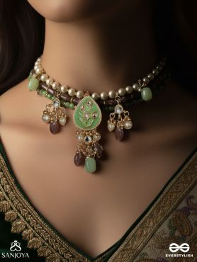 HARITIKA – GRACE OF GREEN – KUNDAN CHOKER NECKLACE WITH GREEN STONE ACCENTS AND PEARL DROPS