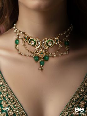 HARITSHRINGA – ORNAMENT OF GREEN GRACE – KUNDAN NECKLACE WITH EMERALD STONE CENTRES, DRAPED CHAINS AND GREEN BEAD DROPS