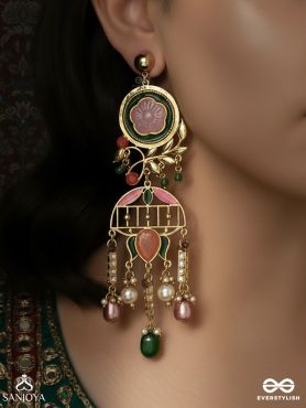PANKHURIMA – PETALS IN MOTION – STATEMENT DROP EARRING WITH LOTUS-STYLE ENAMEL DETAILING AND MULTI-BEAD HANGINGS
