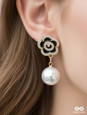 MIDNIGHT CAMELLIA – PEARL DROP EARRINGS