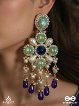 NEELVANIKA – FOREST OF BLUE BLOOMS – FLORAL EARRINGS WITH MINT STONE PETALS AND DEEP BLUE DROP ACCENTS