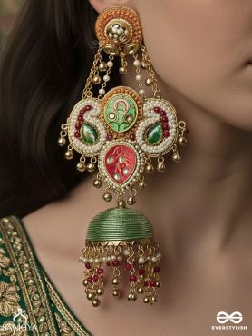 DEVYANIKA – DIVINE CELEBRATION – ORNAMENTED CHANDELIER EARRINGS WITH COLOUR-RICH PANELS AND A TEXTURED DOME FINISH