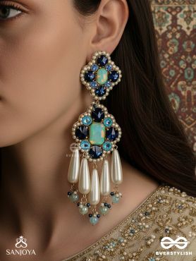 NEELKAMINI – SAPPHIRE BLOOM – FLORAL STATEMENT EARRINGS WITH SAPPHIRE-TONE CLUSTERS AND IVORY DROP ACCENTS