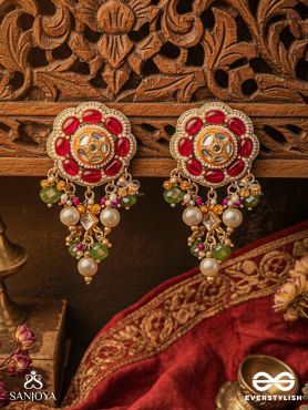 RUDRAVALI – CRIMSON BLOOM – FLORAL KUNDAN EARRINGS WITH RED STONE PETALS, PEARL CLUSTERS AND GREEN BEAD DROPS