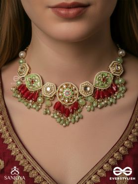 SAUMITRA – GENTLE RADIANCE – KUNDAN NECKLACE WITH FLORAL MEDALLIONS AND RED DROP ACCENTS