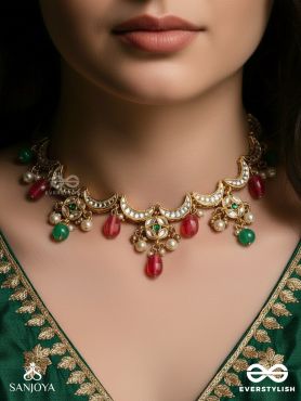 SHRAVANI – MONSOON SPLENDOUR – HANDCRAFTED KUNDAN NECKLACE WITH RED AND GREEN ACCENT DROPS