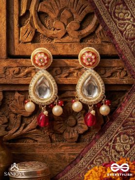 RUDRANISHA – CRIMSON TWILIGHT – ORNATE KUNDAN EARRINGS WITH MIRROR DROP AND PEARL HANGINGS