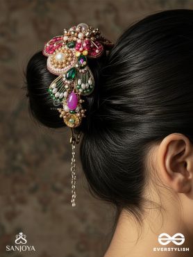 ANURAAGINI – CRIMSON CHARM – HANDCRAFTED HAIR BUN ACCESSORY WITH PINK EMBROIDERED PETALS AND PEARL ACCENTS