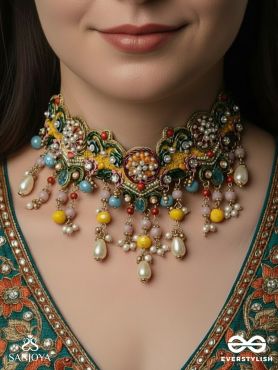 CHITRASRAYA – ABODE OF ART – MULTICOLOUR KUNDAN NECKLACE WITH MEENAKARI PANELS AND PEARL DROP FRINGES