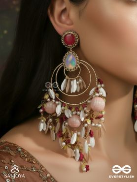 ANINDITA – FLAWLESS ORNAMENT – STATEMENT EARRINGS WITH PEACH STONE TOP AND MULTI-LAYER DROP CASCADE