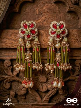 PATRALIKA – LEAFED ORNAMENT – FLORAL MOTIF EARRINGS WITH GREEN TUBE TASSEL DROPS AND PEARL ACCENTS