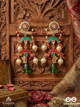 ISHVARIKA – CELESTIAL ORNAMENT – TURQUOISE AND CRIMSON CRESCENT EARRINGS WITH MEENAKARI MEDALLION AND PEARL-ACCENTED GEM DROPS