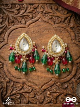 MANIPRABHA – JEWELLED RADIANCE – GOLD FRAMED MIRROR EARRINGS WITH MULTI-HUE STONE CASCADE