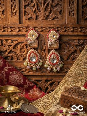 PRABHAMALA – GARLAND OF RADIANCE – ORNATE DROP EARRINGS WITH GEMMED PANELS, MIRROR TEARDROP CENTRE AND DELICATE BEAD FRINGE