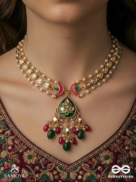 MANIRATNA – JEWELLED TREASURE – PEARL STRAND NECKLACE WITH ORNATE GEM PENDANT AND DROP FRINGE