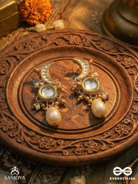 NISHITHA – NIGHT BLOOM – MOON-SHAPED EARRINGS WITH REFLECTIVE MIRROR DISC, DELICATE BEAD HALO AND TEARDROP PEARL FINISH