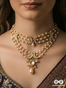 NISHITHA – NIGHT BLOOM – LAYERED PEARL NECKPIECE WITH ORNAMENTED CONNECTORS AND MIRROR-CENTRED PENDANT DROP