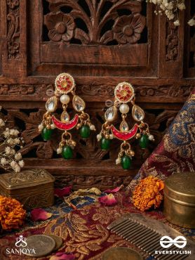 KUMUDINIYA – NIGHT LOTUS – POLKI-SET CRESCENT EARRINGS WITH REFLECTIVE MIRROR ACCENTS, RUBY ARC DETAIL AND EMERALD DROP FINISH