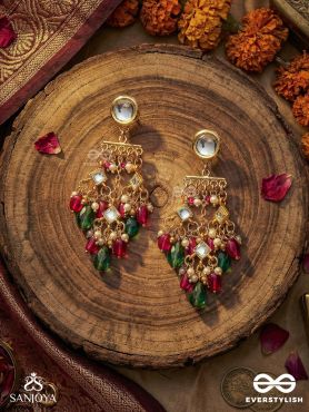 VASURAGINI – LUSTRE OF TREASURES – FESTIVE DROP EARRINGS WITH KUNDAN ACCENTS AND COLOURFUL GEM CASCADE
