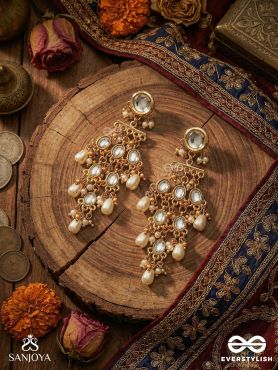 INDUMANJARI – CLUSTER OF MOONS – TIERED POLKI EARRINGS WITH MIRROR STUD AND PEARL DROP CASCADE