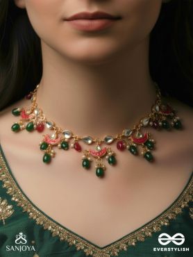 VANAMALA – FOREST GARLAND – SCALLOPED NECKLACE WITH RUBY-TONED ARCS, EMERALD DROPS AND PEARL HIGHLIGHTS