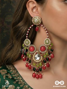 RANGMAHIMA – COLOURFUL SPLENDOUR – GRAND CHANDELIER  KASHMIRI EARRINGS WITH CORAL PANELS, MIRROR CENTRE AND VIBRANT GEM CASCADE