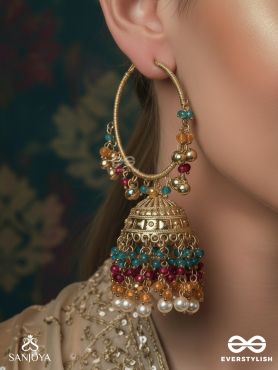 RANGTARANG – WAVES OF COLOUR – GRAND HOOP JHUMKA EARRINGS WITH MULTI-LAYERED GEM STRANDS AND PEARL FRINGE