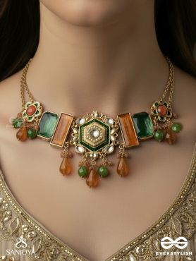 CHITRAGHANA – ARTISTIC STRUCTURE – STRUCTURED NECKLACE WITH HEXAGON CENTRE, CORAL PANELS AND GEM ACCENTS
