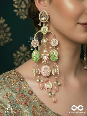DEVAKUSUMA – DIVINE BLOSSOM – MULTI-PANEL CHANDELIER KASHMIRI EARRINGS WITH GREEN-PINK MEDALLIONS AND DANGLING CRYSTALS
