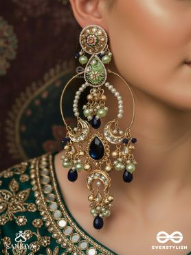 AMBARIKA – SKY-BORN BEAUTY – STRUCTURED CHANDELIER KASHMIRI EARRINGS WITH HOOP FRAME AND DEEP BLUE DROP ACCENTS