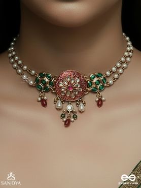 PADMARAGA – LOTUS RADIANCE – ENAMELLED NECKLACE WITH FLORAL MEDALLION AND GEM DROP ACCENTS