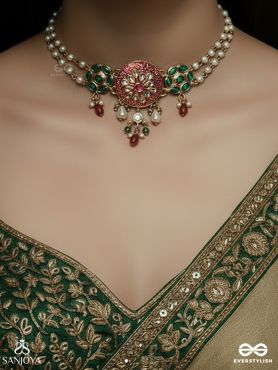 PADMARAGA – LOTUS RADIANCE – ENAMELLED NECKLACE WITH FLORAL MEDALLION AND GEM DROP ACCENTS