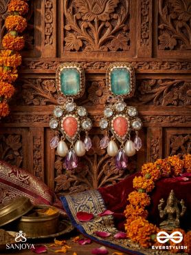 CHITRARATNA – ORNATE JEWEL – STATEMENT EARRINGS WITH FACETED STONE TOP, FLORAL GEM CLUSTER AND DANGLING CRYSTAL DROPS