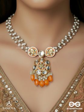 PADMAVALLI – LOTUS VINE – DELICATE PEARL STRAND NECKLACE WITH ENAMELLED MOTIF AND DROP CLUSTER