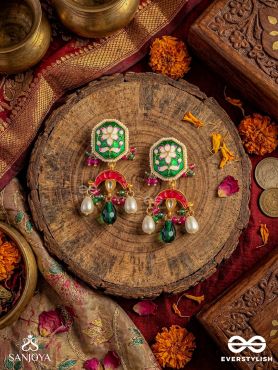 PRABHACHANDRI – RADIANT MOON – ORNATE EARRINGS WITH ENAMELLED BLOOM PANEL AND PEARL DROP ACCENTS