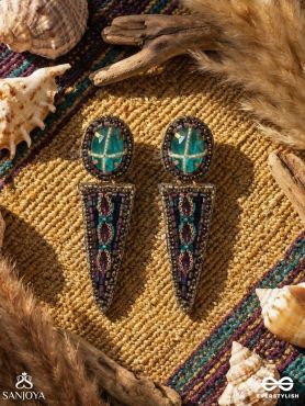 MANITARA – STAR OF JEWELS – STATEMENT EARRINGS WITH TURQUOISE TOP PANEL AND ELONGATED ENAMELLED DROP ACCENT