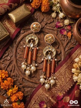 TARACHANDRI – STARRY MOON – ORNATE EARRINGS WITH ENAMELLED MEDALLION TOP AND DANGLING GEM AND PEARL CLUSTERS