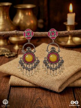 KASTURI DANGLERS – OXIDISED EARRINGS WITH ORNATE PANEL AND CHARM CHAINS