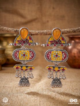 AMBAR BAALI – OXIDISED EARRINGS WITH GEM STUD AND ORNATE PANEL DROP