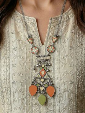 RAAG MANDAL – OXIDISED NECKLACE WITH COLOR STONE LINKS AND ORNATE DROP CHARMS