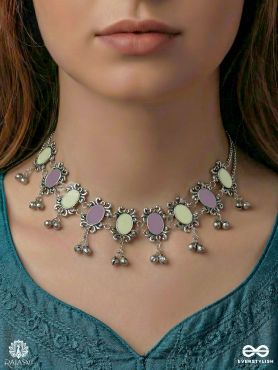 RANI TRINKET – OXIDISED STATEMENT NECKLACE WITH GEM PANELS AND JHUMKA DANGLERS